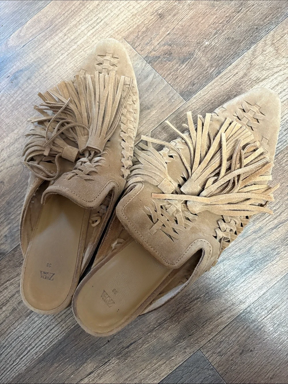 Zara Tan Suede Fringe Woven Slip-On Mules - Picture 3 of 3